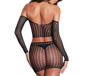 Fishnet Long Sleeve Crop Top Skirt Set