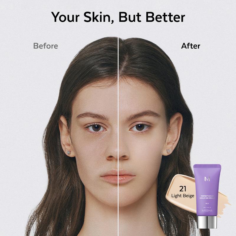 [MISSHA Official] M Perfect Cover Serum BB Cream (35ml) - Bifida Ferment Lysate Serum-Infused BB Cream for Anti-Aging Skin Rejuvenation, Skin Tint, Tinted Moisturizer, Skin Care Foundation Makeup,Superfood Complex,Glass Skin CardiBB OGBB PurpleBB