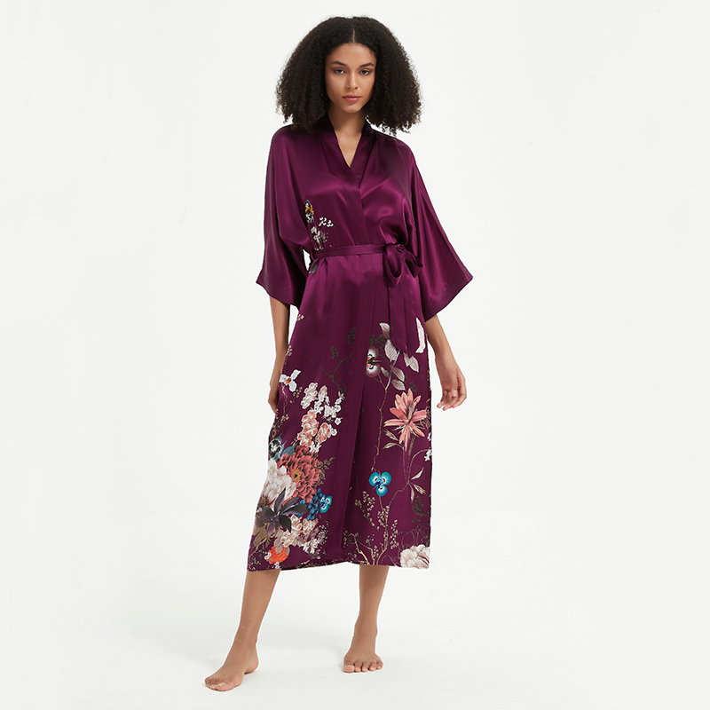 Robe en soie violette à motif fleuri pour femme- SOIE PLUS