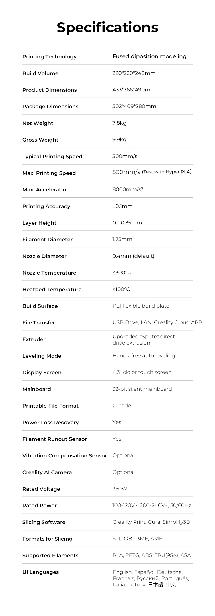 Ender-3 V3 KE specifications