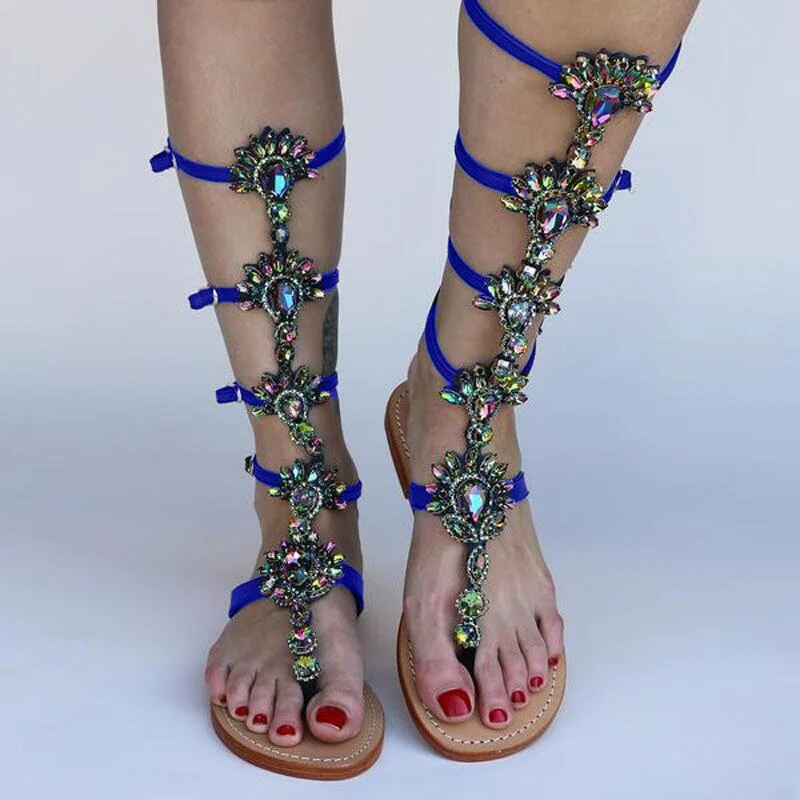  2022 Roman Rhinestone New Women Summer New Jelly Sandals Bling Knee High Sandals Ladies Outdoor Beach Sandals Flat Shoes