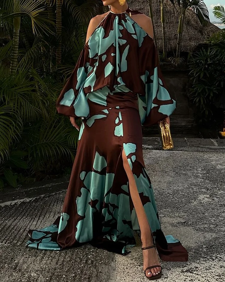 Off-the-shoulder printed waist dress