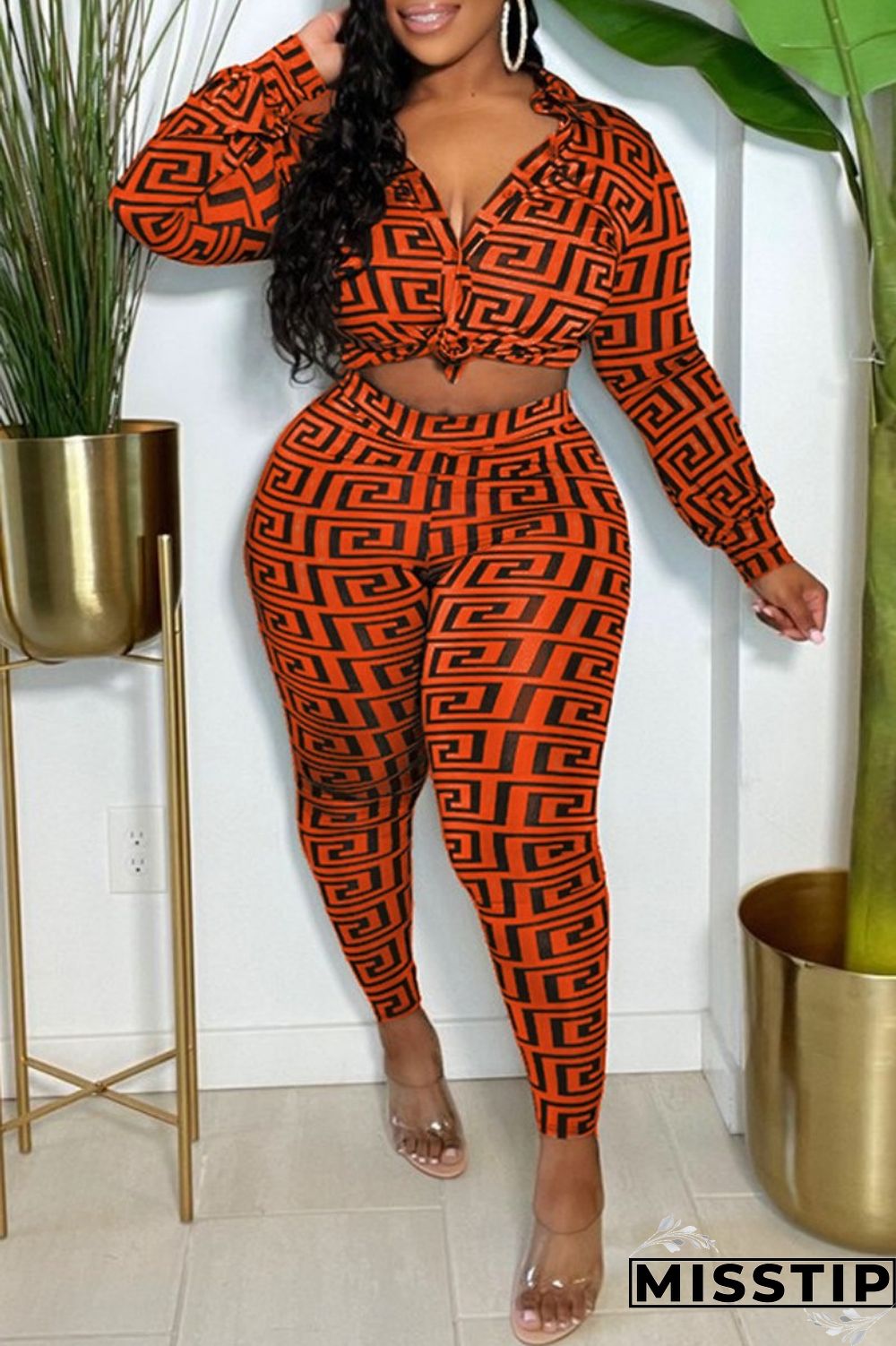 Blue Casual Print Patchwork V Neck Plus Size Two Pieces