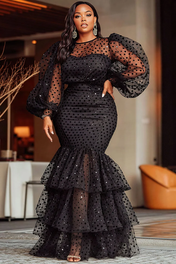 Xpluswear Design Plus Size Formal Black Round Neck Lantern Sleeve Long Sleeve Mermaid Vintage See Through Tulle Maxi Dresses 2024 - Xpluswear