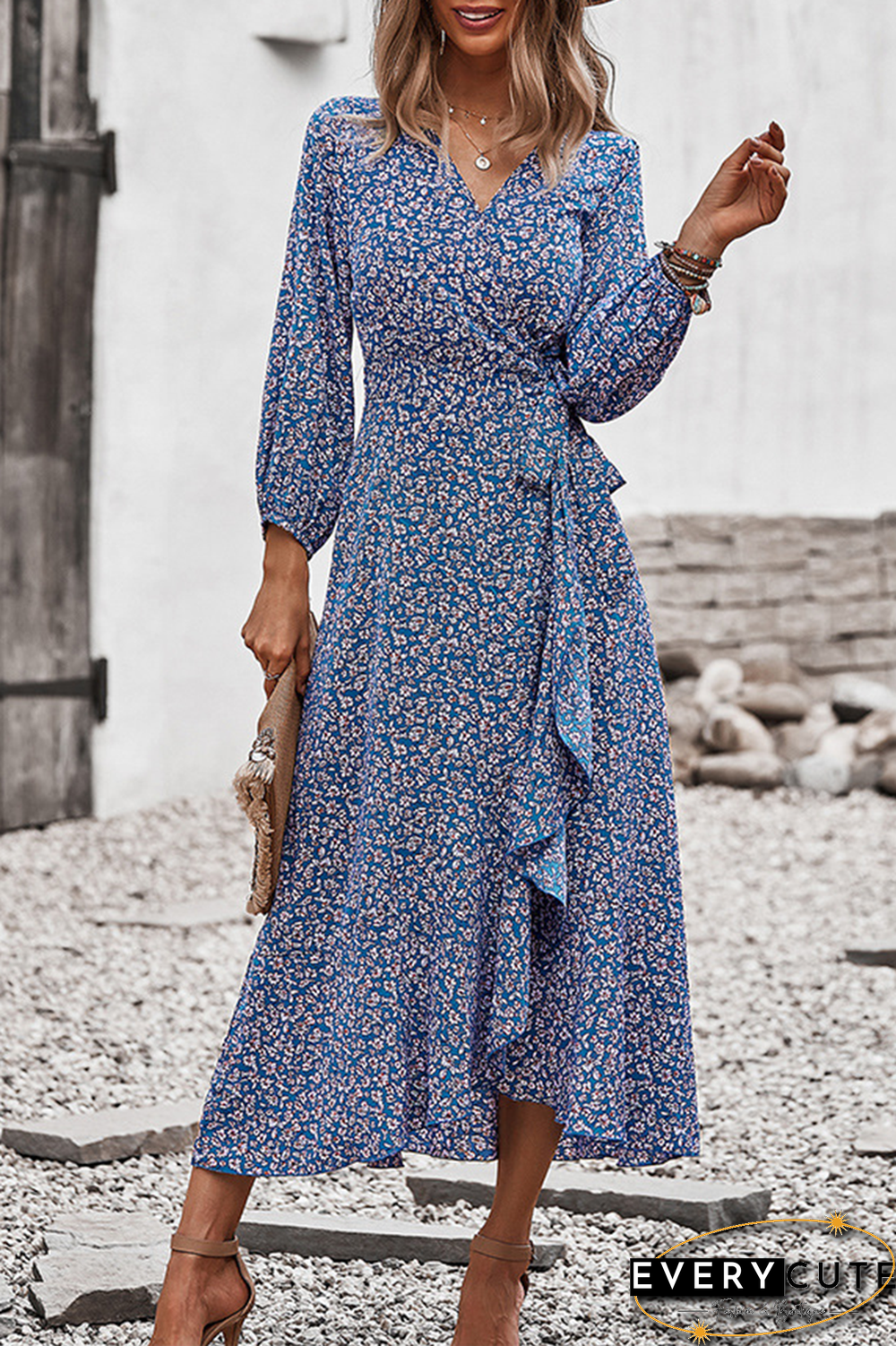 Elegant Floral Flounce Strap Design V Neck A Line Dresses(5 colors)