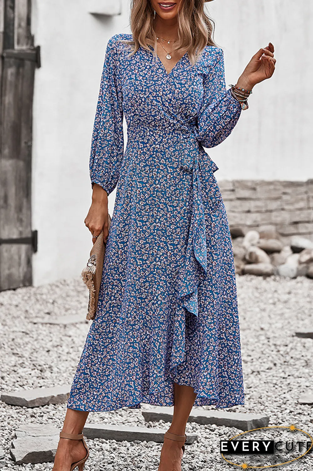 Elegant Floral Flounce Strap Design V Neck A Line Dresses(5 colors)