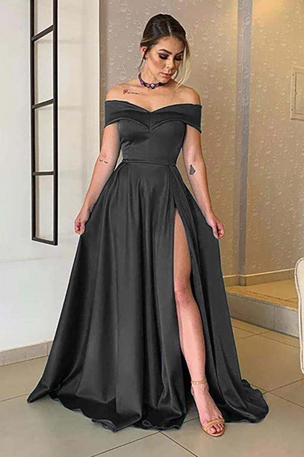 Ovlias Off-the-Shoulder V Neck Prom Dress Long Pleated Split YJ029