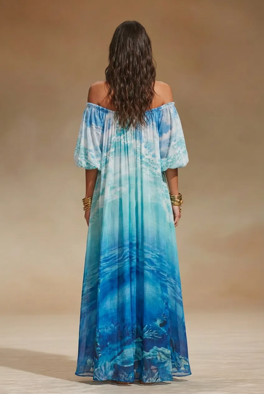 Selvane boho ocean print off-shoulder maxi dress blue