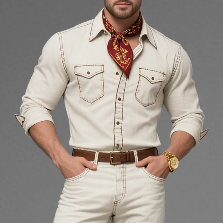 Okaywear Contrast Stitching Chest Pocket Button Long Sleeve Denim Shirt Okaywear