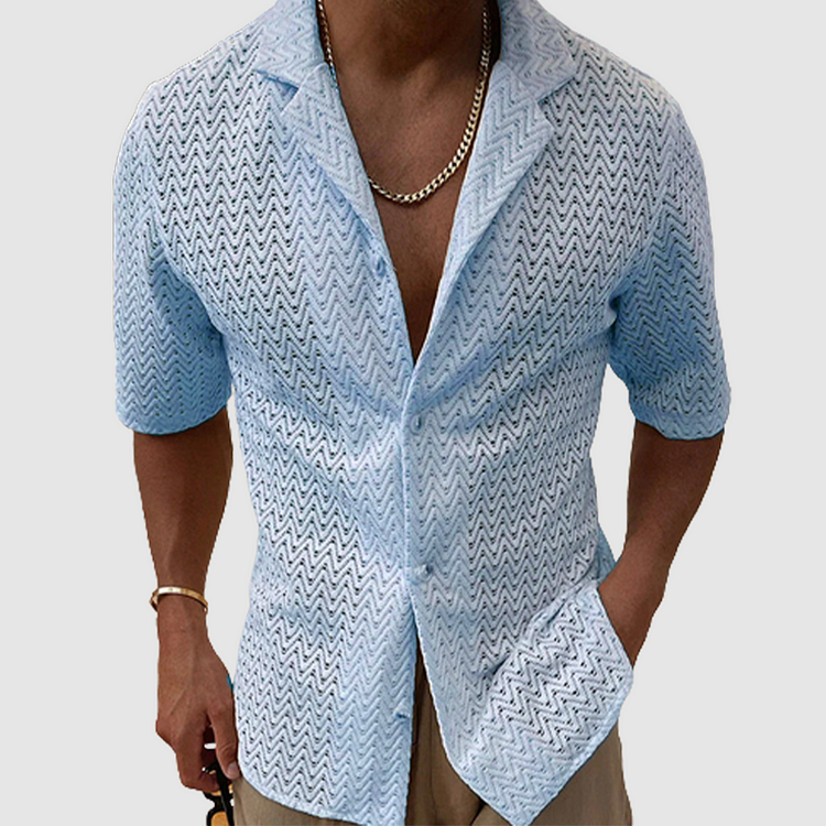 Men’s summer hollowed-out sweater solid color lapel short sleeve knit shirt