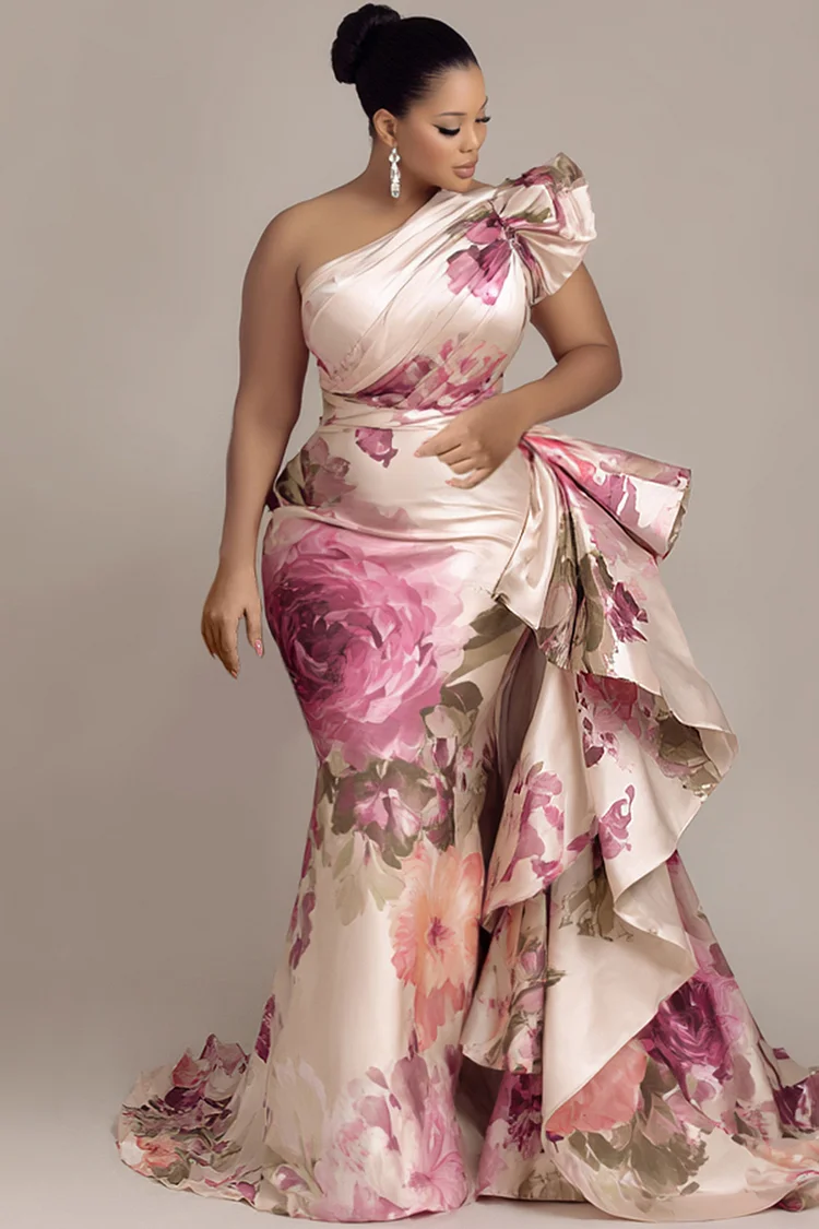 Xpluswear Design Plus Size Formal Pink Oblique Collar One Shoulder Ruffle Elegant Satin Maxi Dresses 2024 - Xpluswear