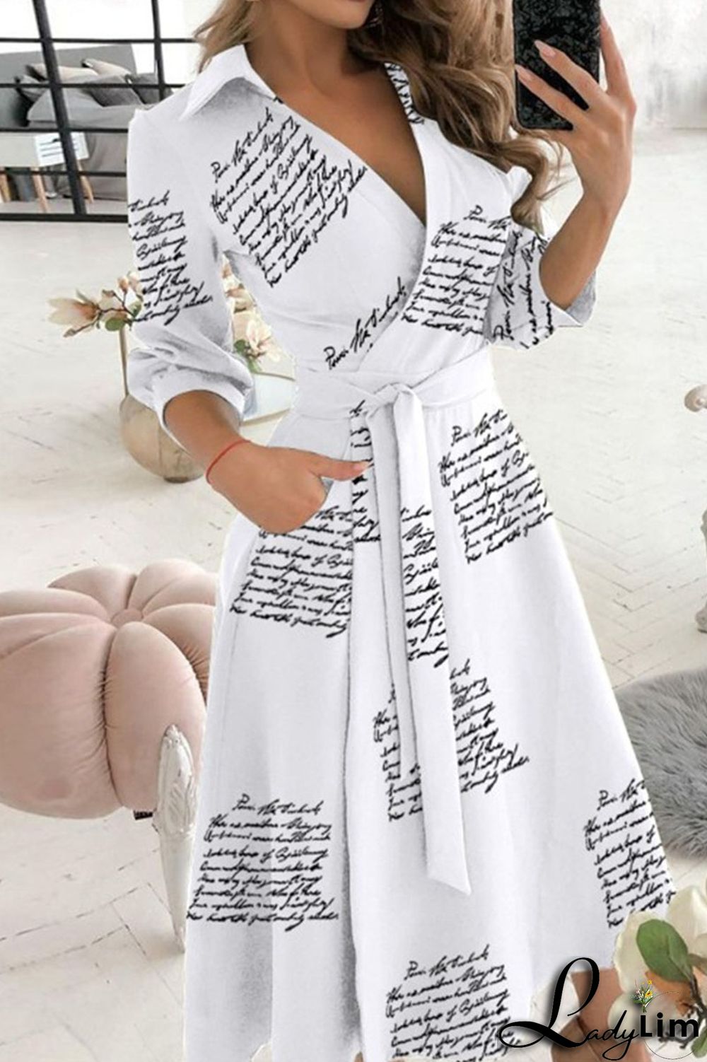 Colour Casual Print Bandage Split Joint V Neck A Line Dresses