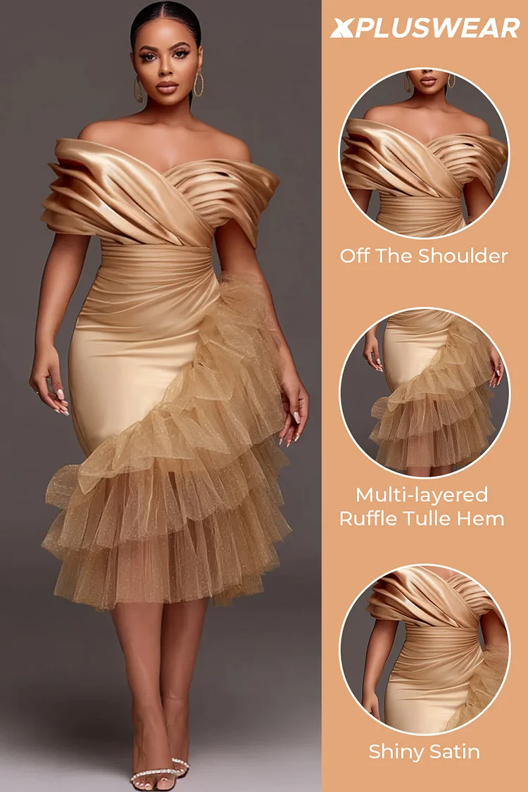Xpluswear Design Plus Size Wedding Guest Tulle Champagne Off The Shoulder Ruffle Elegant Contrast Satin Midi Dresses [Pre-Order]