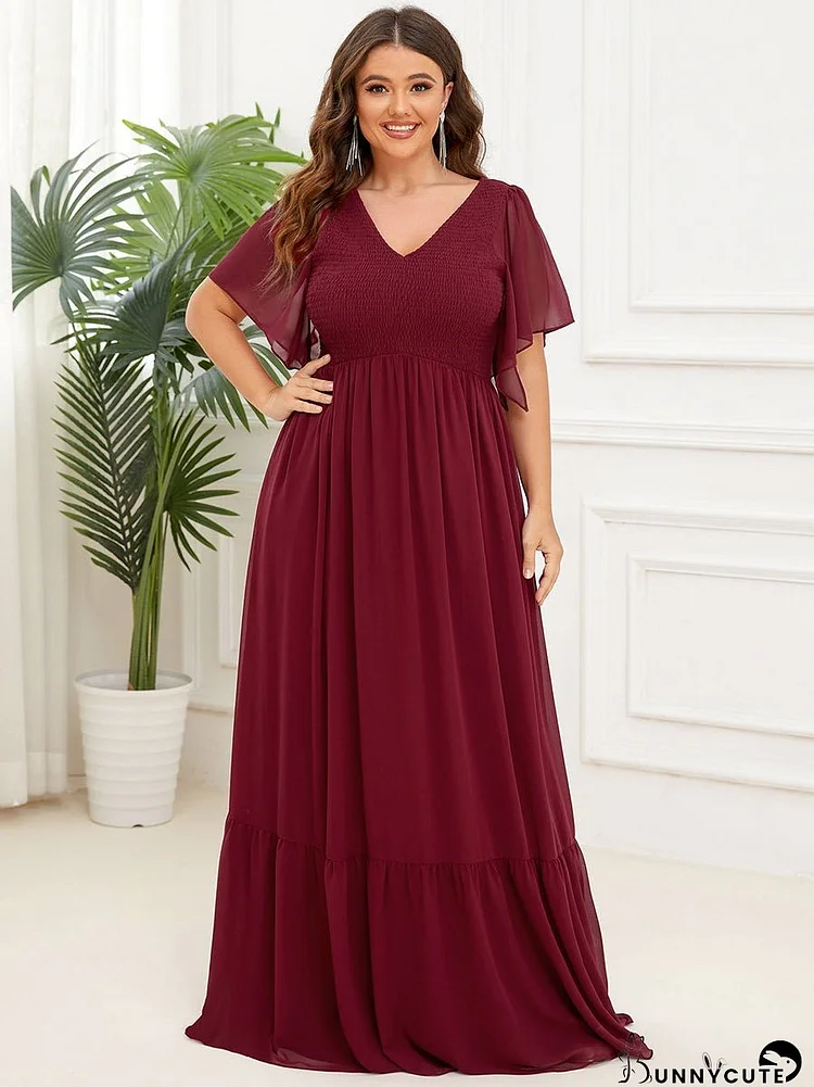 Plus Simple V Neck Short Ruffles Sleeves A Line Wholesale Evening Dresses
