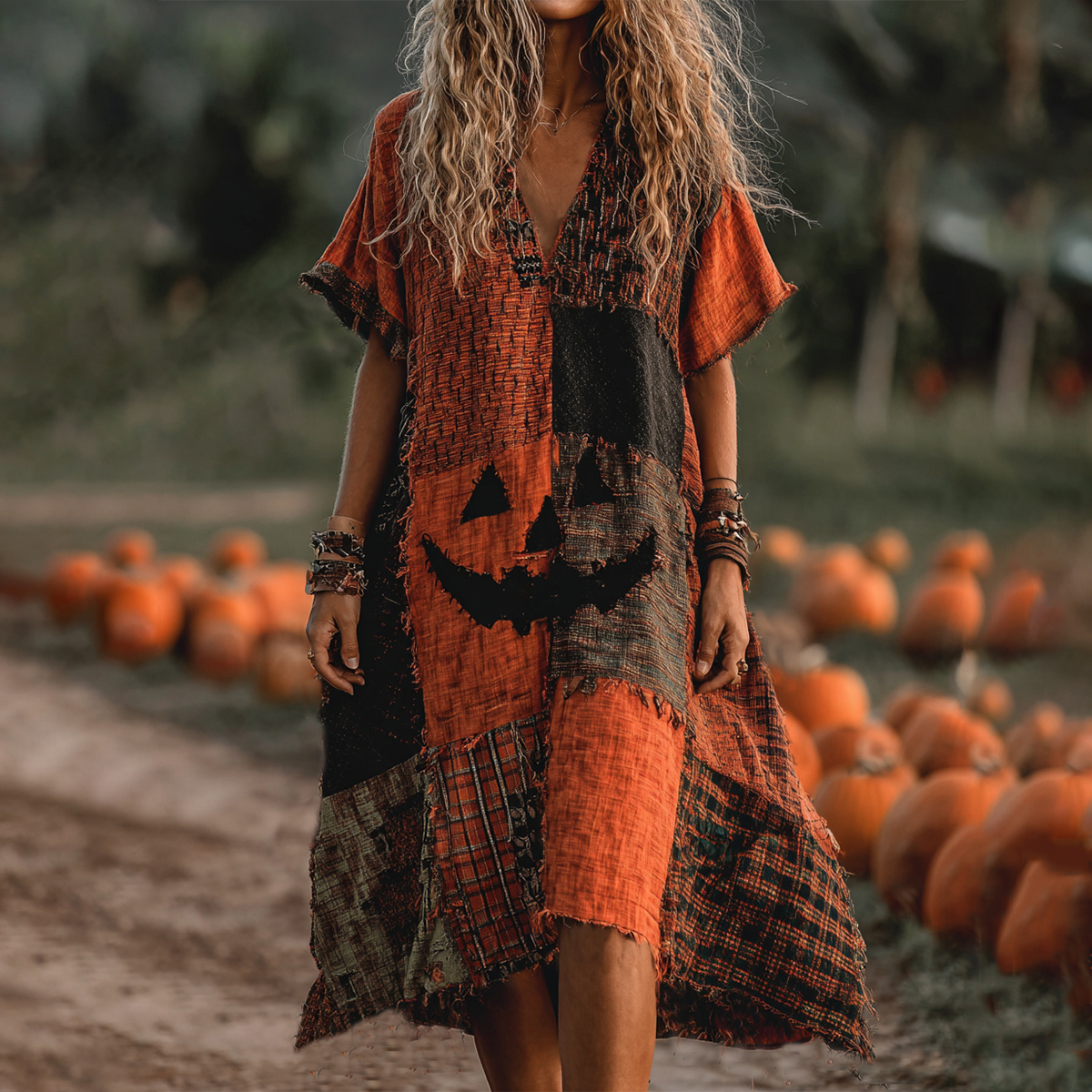 Women's Patchwork Print Black Dress Long Dress Maxi Dress Pumpkin