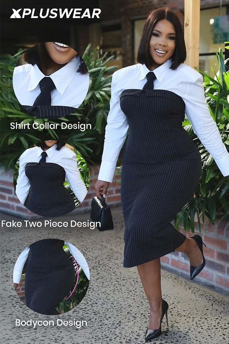 Plus Size Business Casual Black Shirt Collar Long Sleeve Split Midi Dresses [Pre-Order]