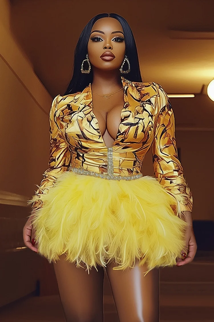 Pattern Print Rhinestone Feather Decor Party Mini Dresses-Gold