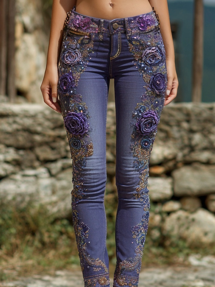 Vintage Purple Roses Embroidered Washed Skinny Jeans