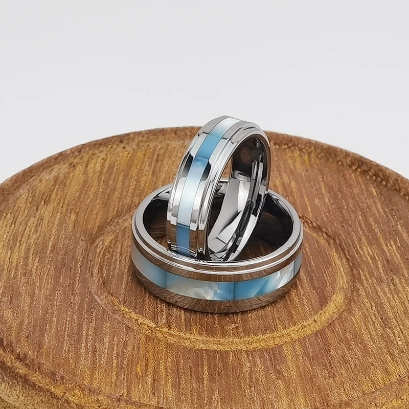 6MM 8MM Silver Women's Or Men's Tungsten Carbide Wedding Rings with Blue Turquoise Inlay Comfort Fit