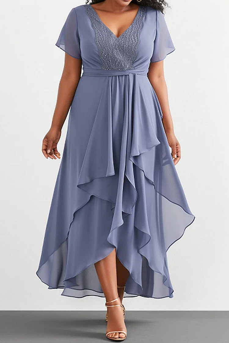 Flycurvy Plus Size Formal Slate Blue Chiffon Lace Stitching Asymmetrical Layered Maxi Dress  Flycurvy [product_label]