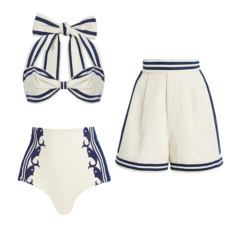 Navy Style Printed Bikini Swimsuit and Shorts