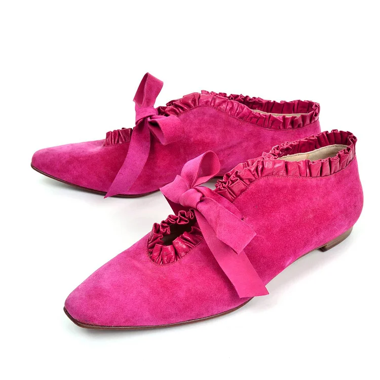 Hot Pink Vegan Suede Ruffle Square Toe Flat Casual Shoes for Women |FSJ Shoes