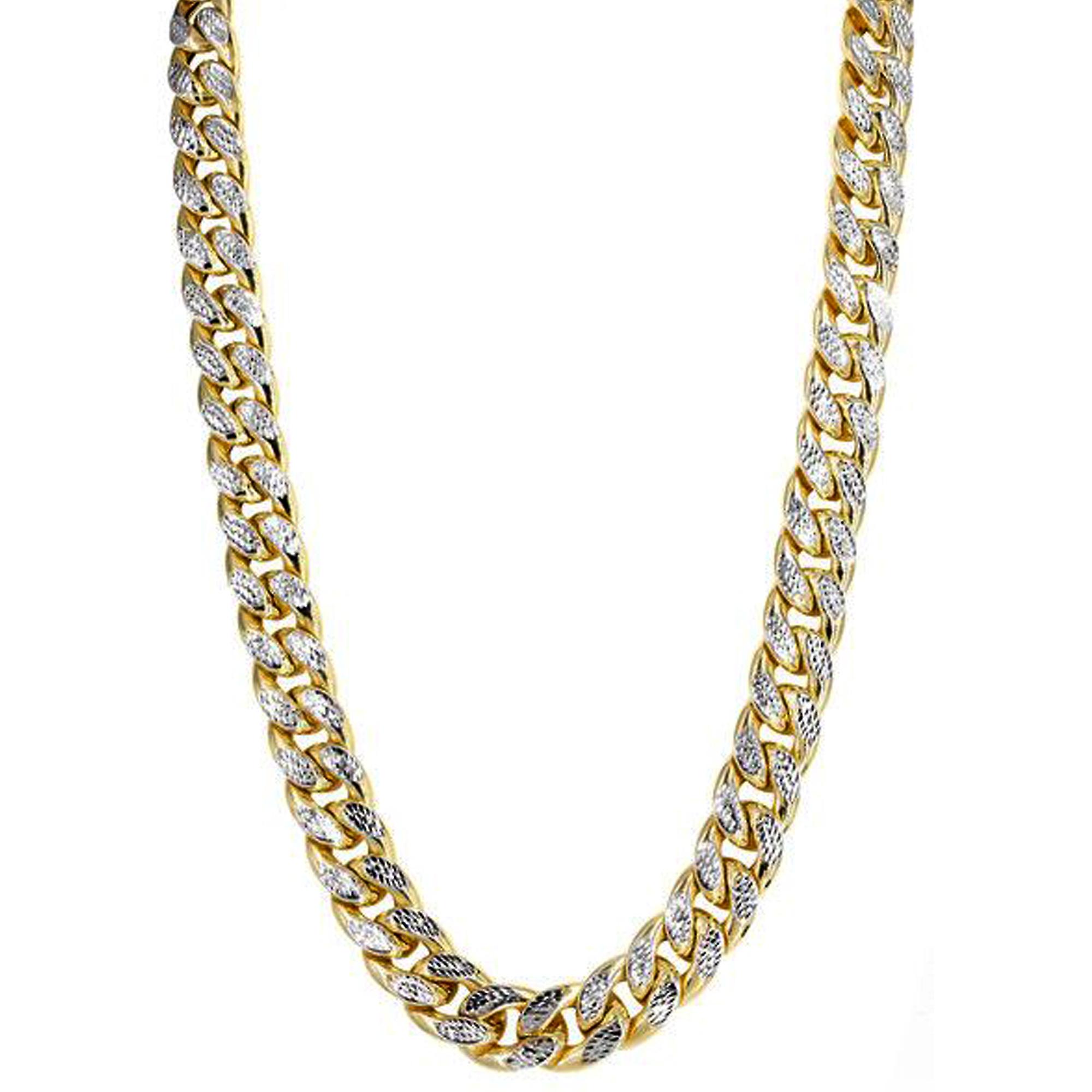14k Yellow And White Gold Miami Cuban Pave Link Chain Semi Solid Necklace, Width 13.5mm, 24