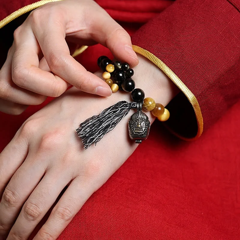 Natural Gold Sheen Obsidian Tiger Eye Wealth Tassel Bracelet