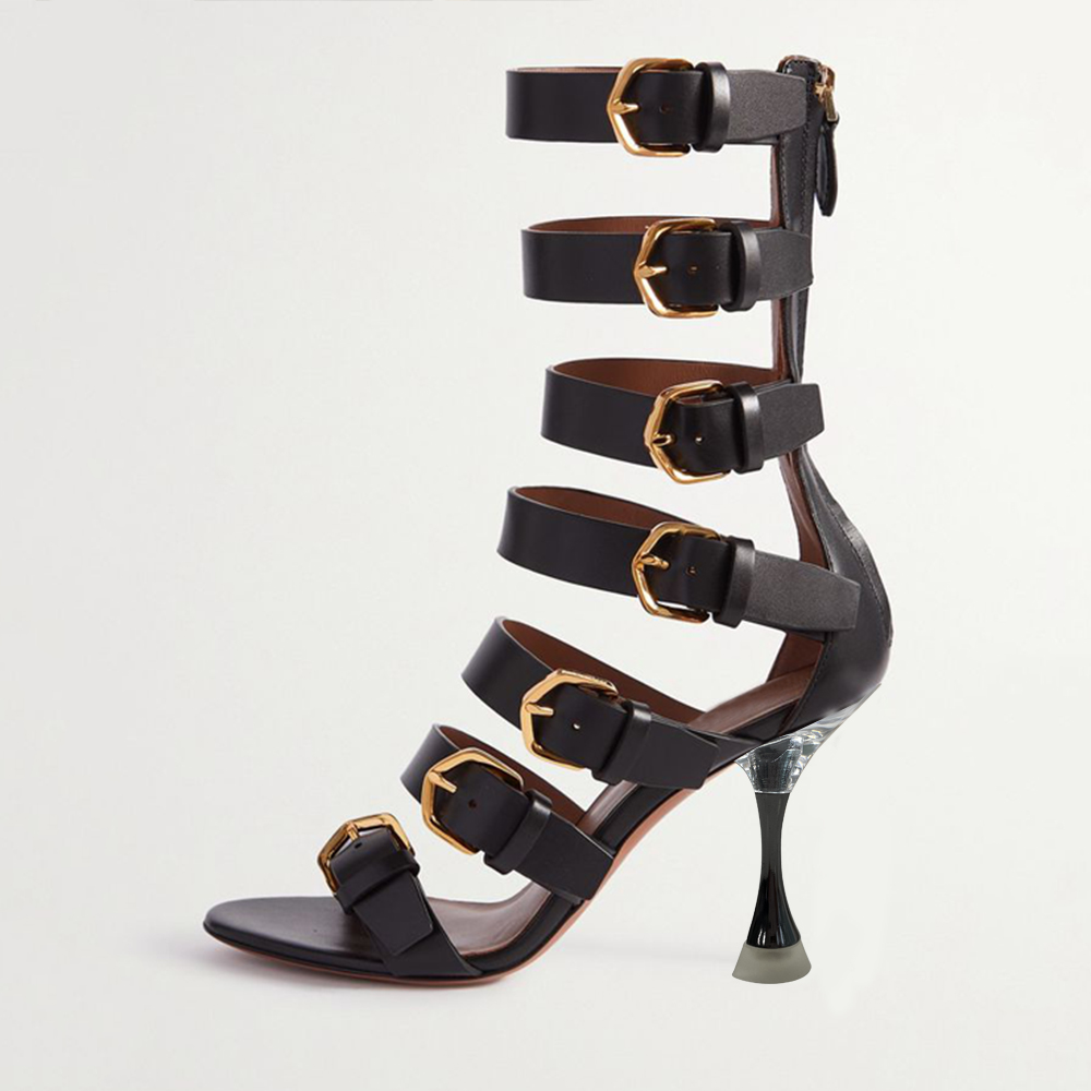 Black Open Toe 3'' Spool Heel Gladiator Sandals with Buckle Nicepairs