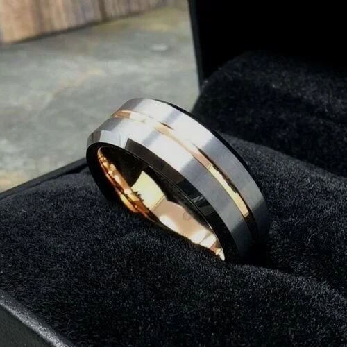 6MM 8MM Women's Or Men's Tungsten Carbide Wedding Matching Rings Gray Silver Top with Rose Gold Groove Center and Inside