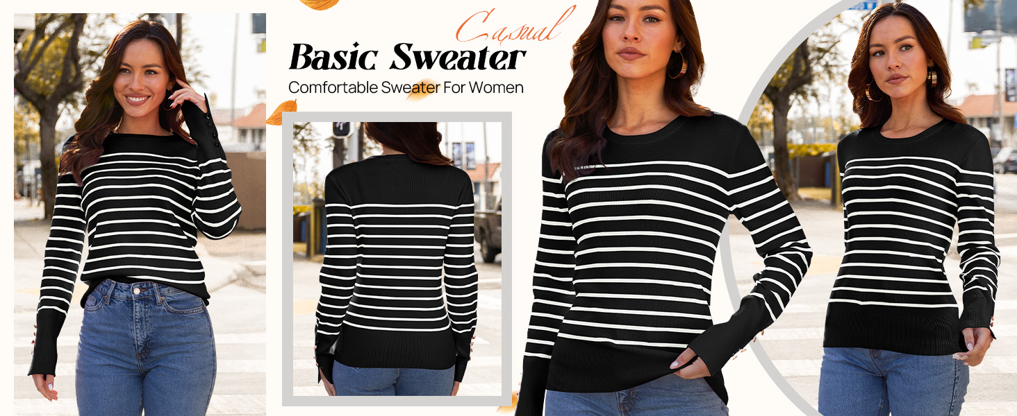 Women&#39;s Long Sleeve Crewneck Striped Sweater