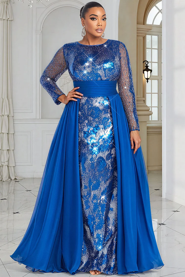 Xpluswear Design Plus Size Formal Royal Blue Round Neck Long Sleeve With Skirt Overlay Elegant Sequin Satin Maxi Dresses [Pre-Order]