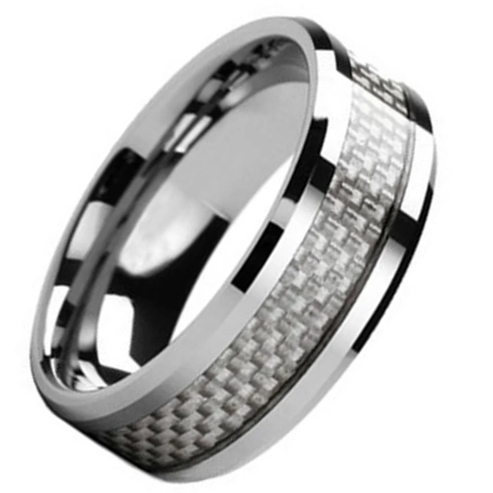 6MM 8MM Inlaid White Carbon Fiber Tungsten Rings Beveled Edge