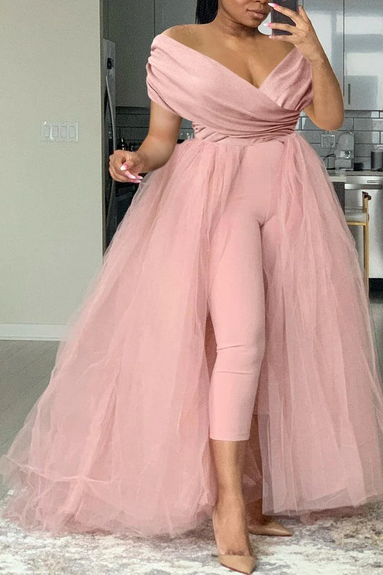 Xpluswear Plus Size Formal Casual One Piece Outfit Solid Off The Shoulder V Neck Tulle Jumpsuit (With Tulle Skirts)