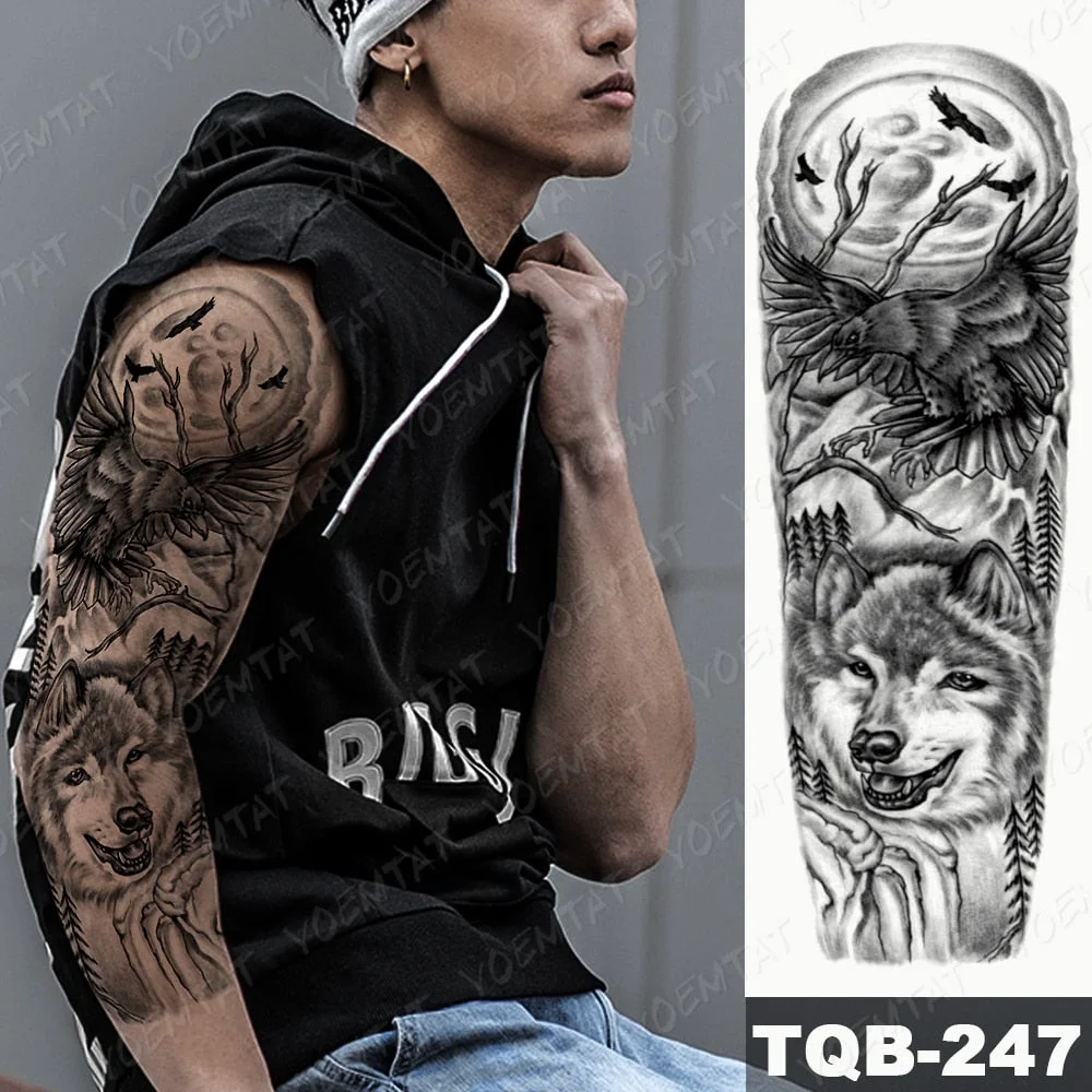 Large Arm Sleeve Tattoo Lion Cross Prayer Waterproof Temporary Tatto Sticker Tiger Beach Compass Body Art Full Fake Tatoo Men