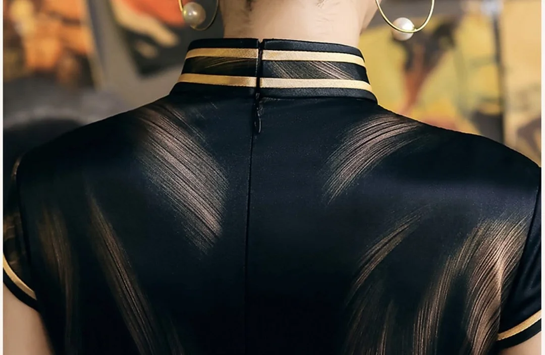 19 mome mulberry silk, High end long black Qipao