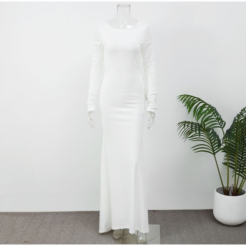 Fashion Solid Hollow Out Maxi Dress For Women Elegant Round Neck Long Sleeve Backless Slim Dresses 2025 New Female Evening Gowns