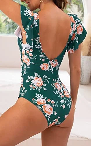 Ruffle Cutout Tummy Control V Neck Wrap One Piece Swimsuit 