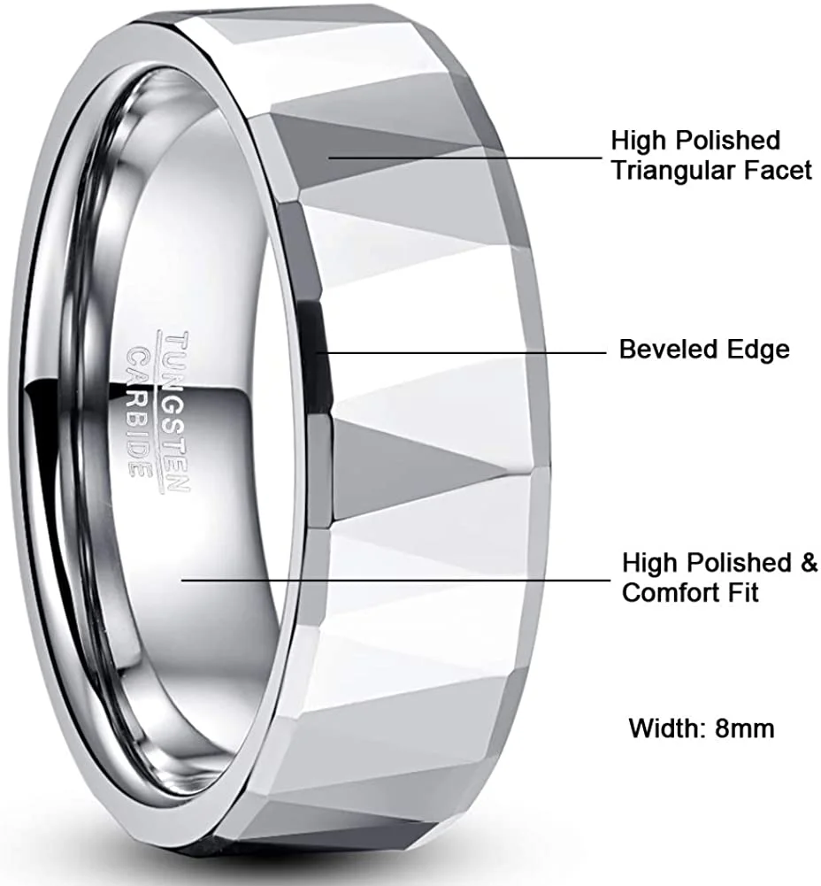 4MM 6MM 8MM 10MM Mens Women Silver Multi-Faceted Tungsten Carbide Rings Beveled Edge High Polished Carbon Fiber Couple Wedding