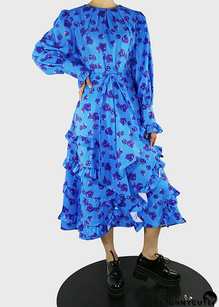 Plus Size Blue O-Neck tie waist Ruffled print Dress Spring