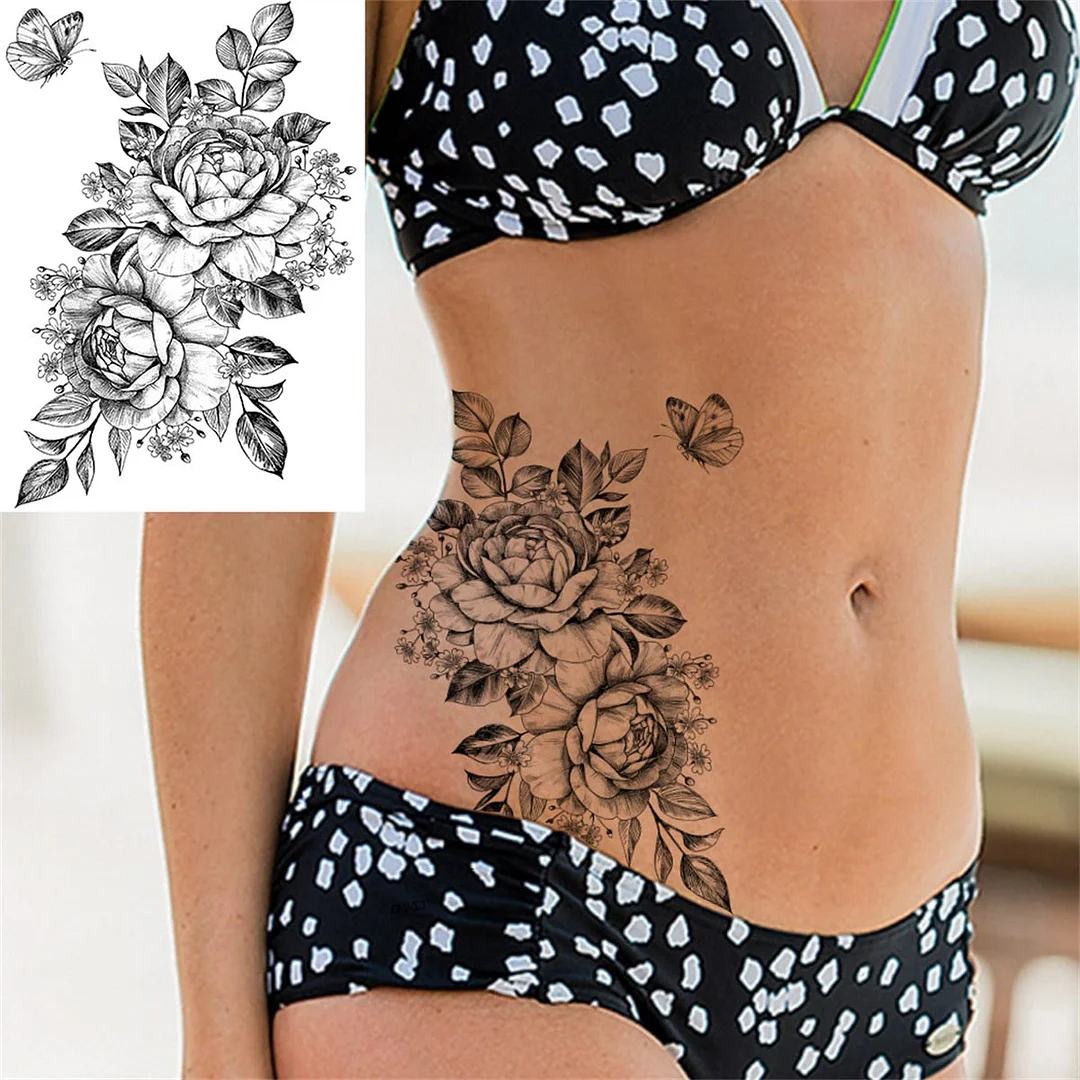 Flower Skull Temporary Tattoos For Women Men Adults Evil Skeleton Tattoo Sticker Fake Lavender Big Rose Black Tatoos Body Thigh