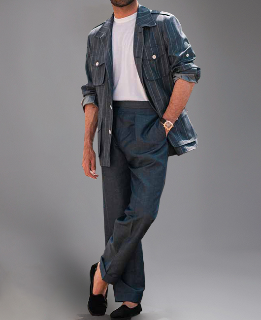 Casual Lapel Collar Single Breasted Pockets Striped Safari Shirt