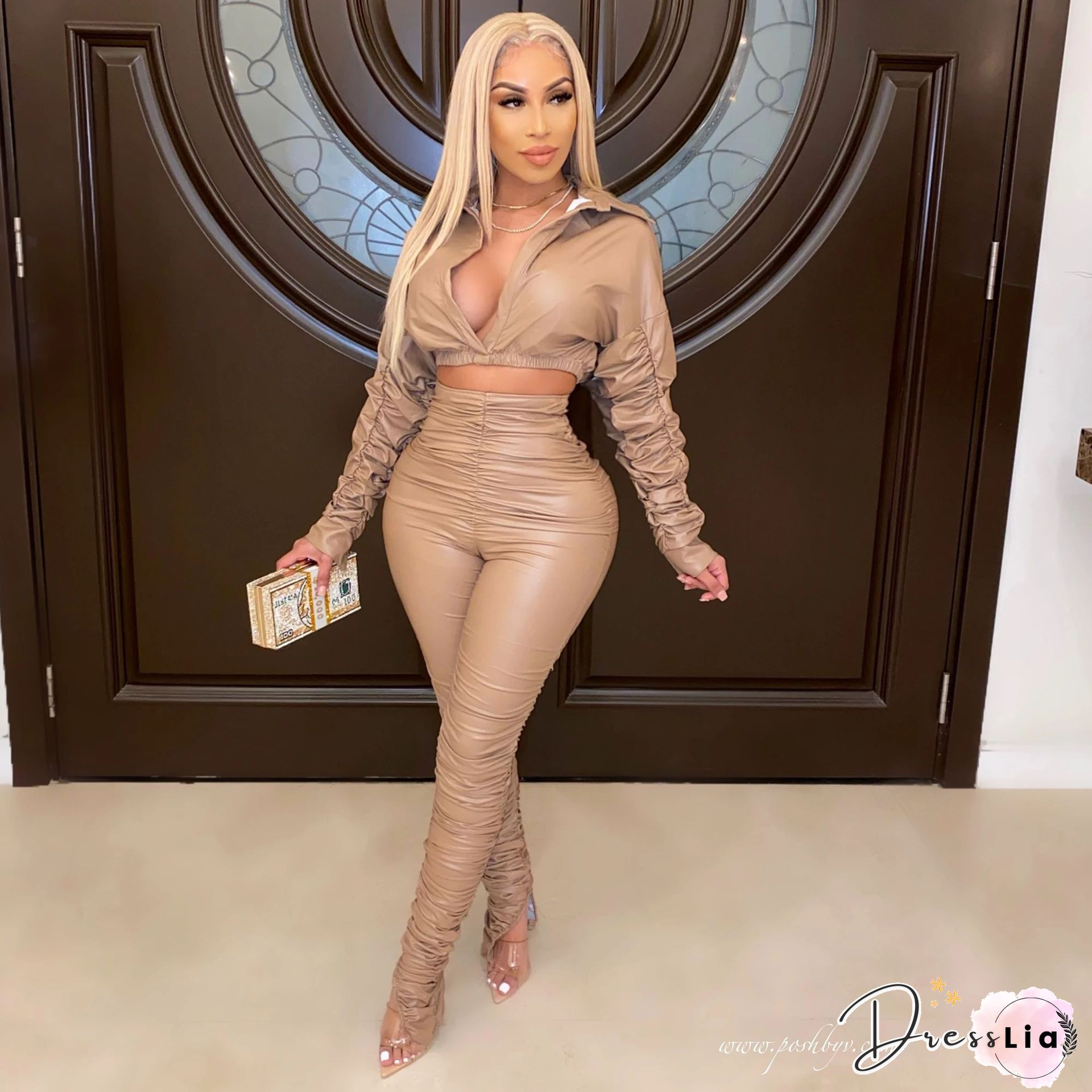 Flare Sleeve Wrinkle Short Jacket+Skinny Flare Legs Suits