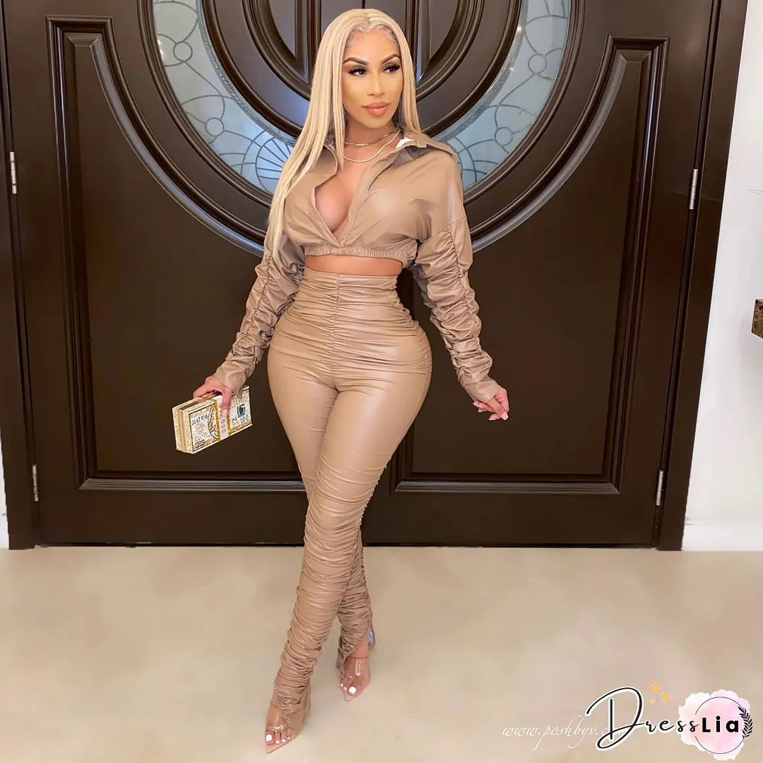 Flare Sleeve Wrinkle Short Jacket+Skinny Flare Legs Suits