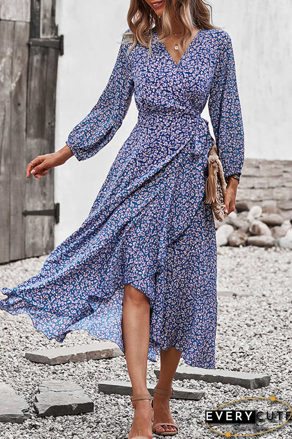 Elegant Floral Flounce Strap Design V Neck A Line Dresses(5 colors)