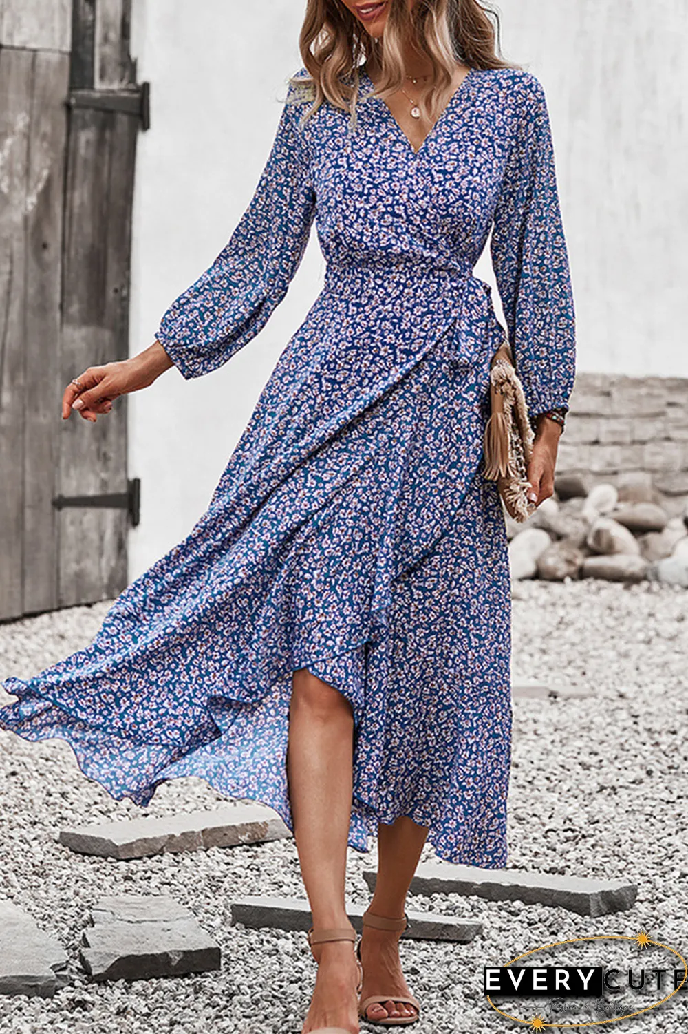 Elegant Floral Flounce Strap Design V Neck A Line Dresses(5 colors)