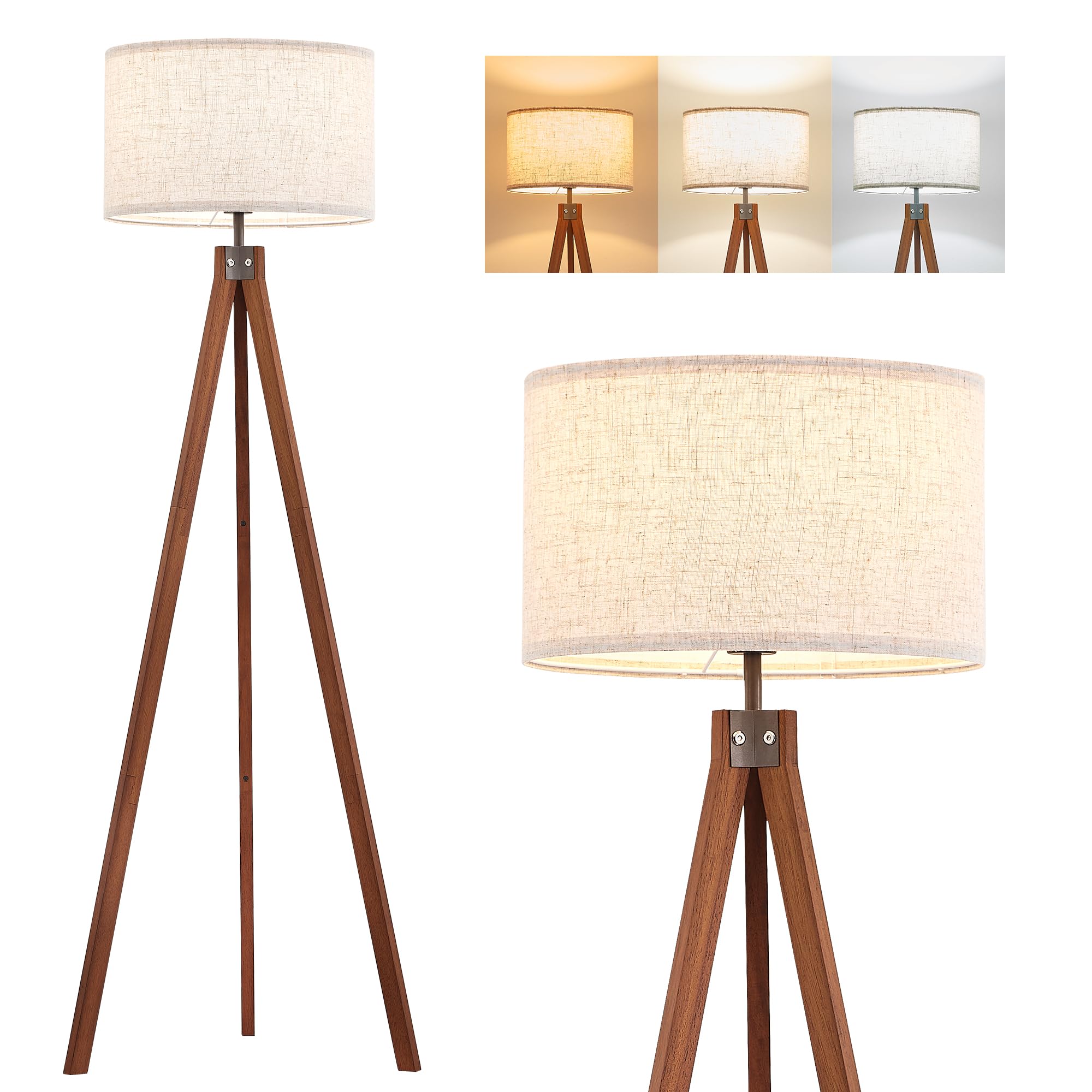 Solid Wood Tripod Floor Lamp with 3 Color Temperatures