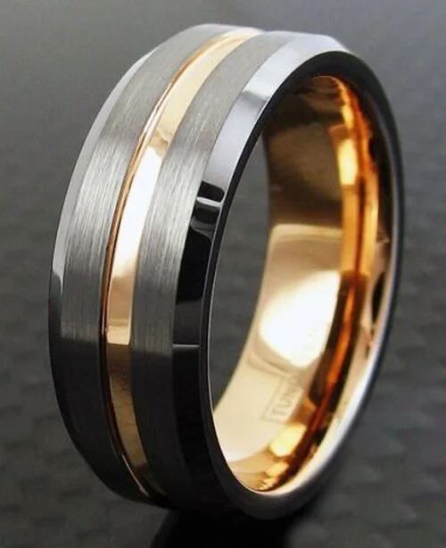 6MM 8MM Women's Or Men's Tungsten Carbide Wedding Matching Rings Gray Silver Top with Rose Gold Groove Center and Inside