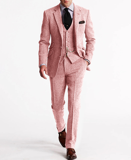 Business Herringbone Notched Lapel Blazer & Vest & Pants 3Pcs Set
