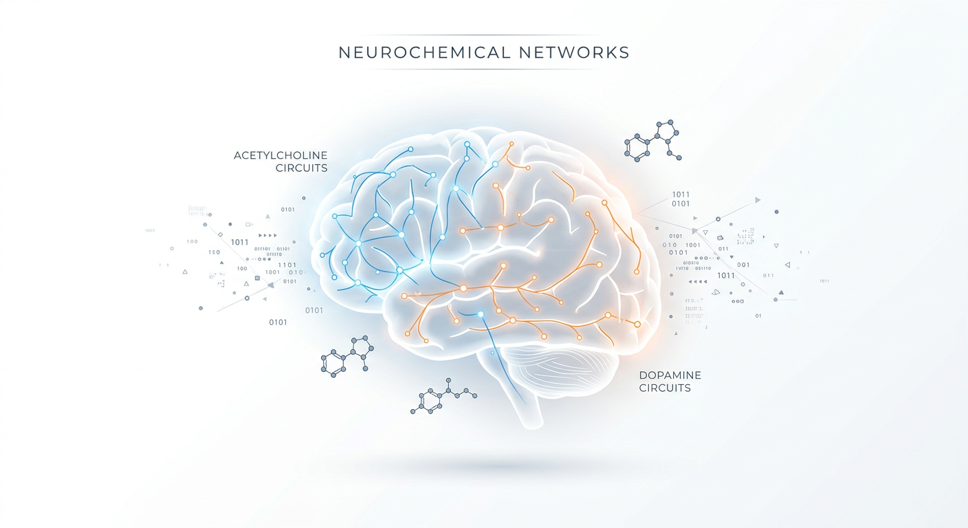 Conceptual illustration of nicotine effects on brain neurotransmitters acetylcholine and dopamine for cognitive performance